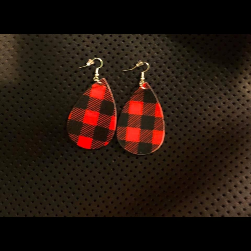 Leather earrings. Red buffalo plaid